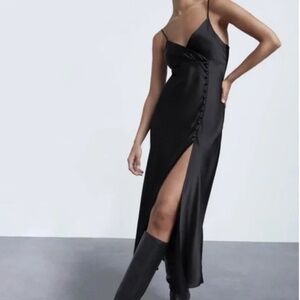 Zara Black Satin Slip Midi Length Dress with Side Split